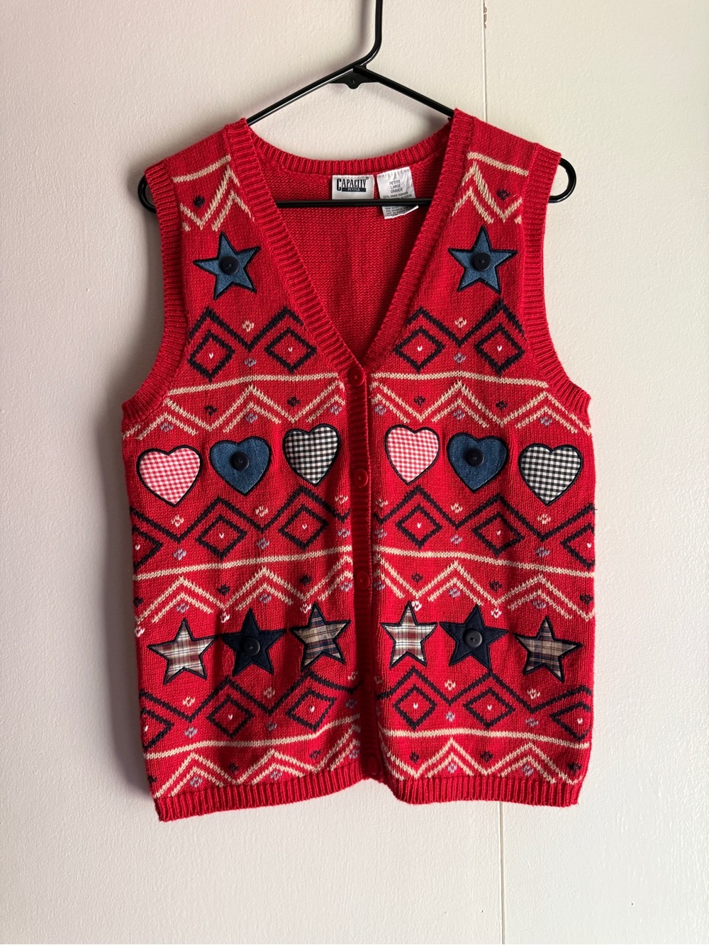 Capacity Vintage Red Hearts Button Up Sweater Vest Women’s Size Petite Large